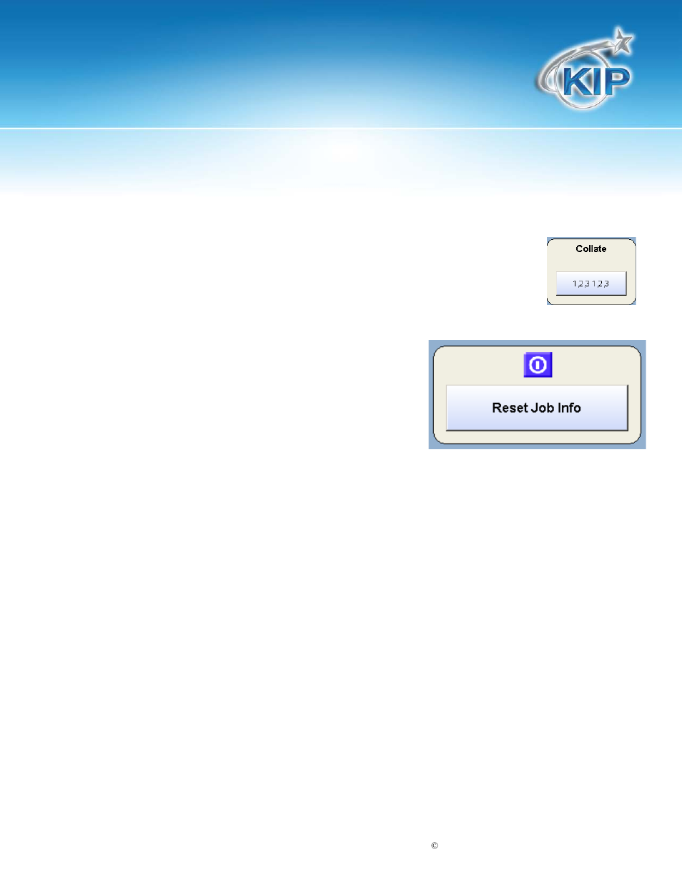 Collate, Reset job info, Kip touchscreen software | Konica Minolta KIP 7100 User Manual | Page 200 / 205