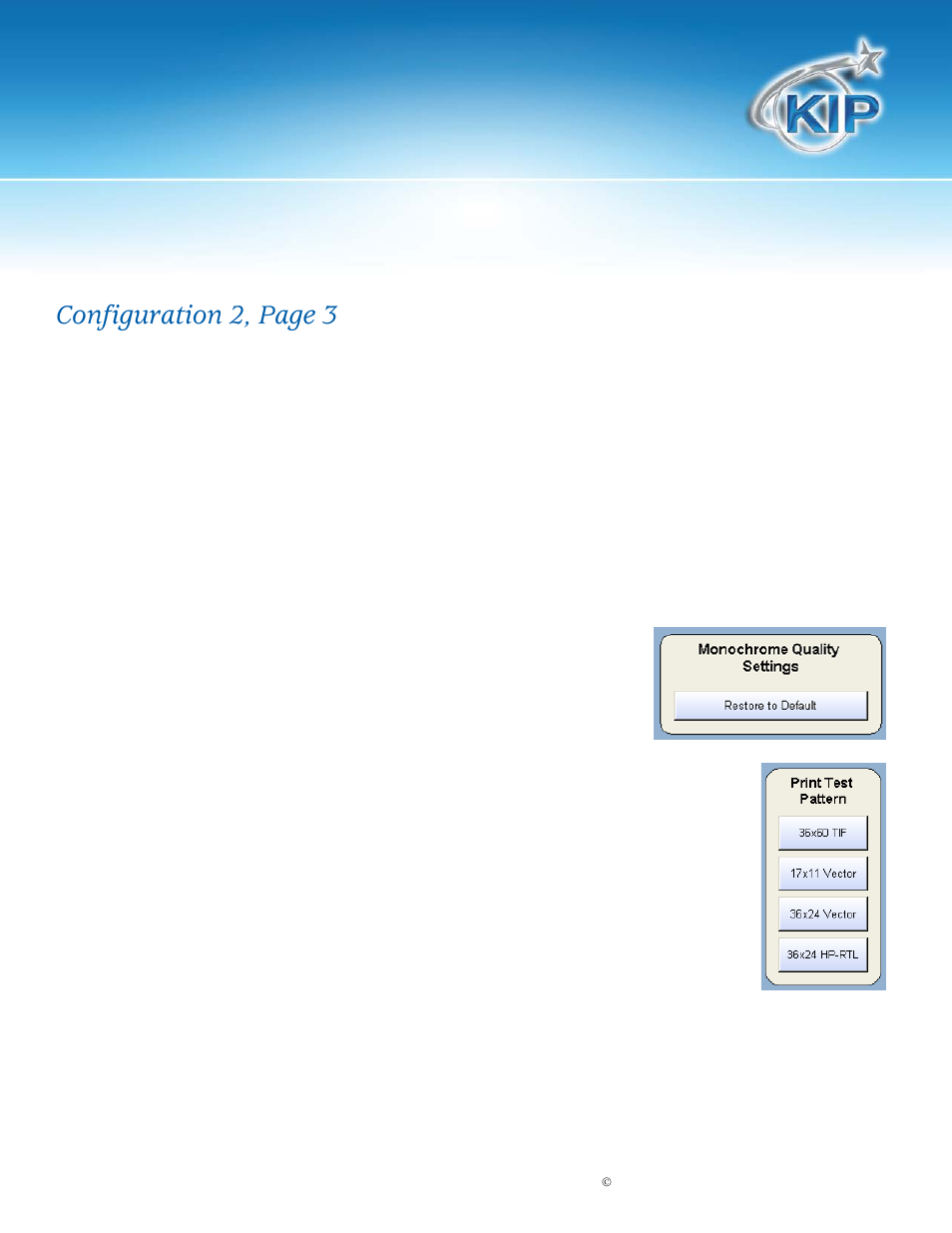 Reboot ips, Current time, Monochrome quality settings | Test pattern, Kip touchscreen software, Configuration 2, page 3 reboot ips | Konica Minolta KIP 7100 User Manual | Page 202 / 205