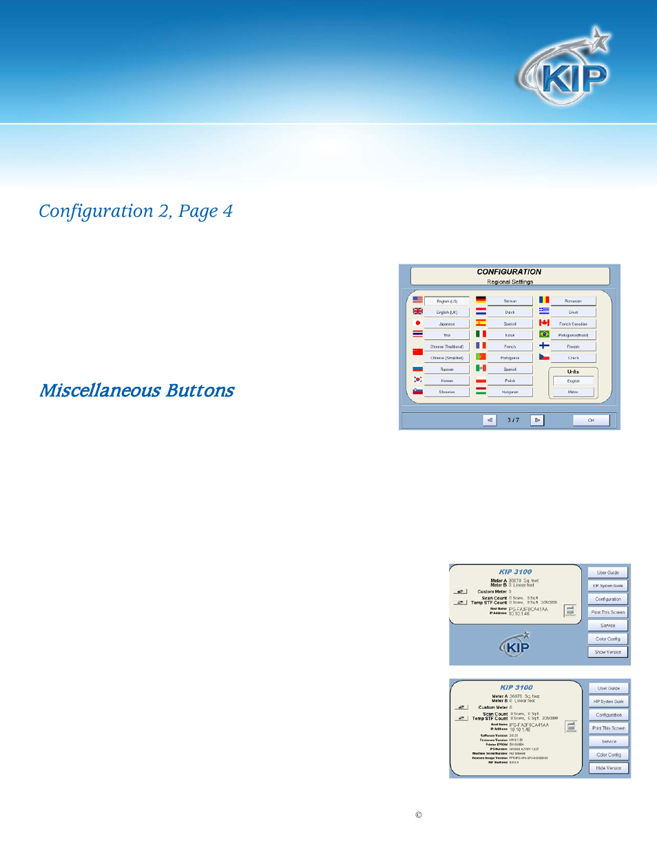 Language, Miscellaneous buttons, Service | Print this screen, Hide/show versions, Kip touchscreen software, Configuration 2, page 4 language | Konica Minolta KIP 7100 User Manual | Page 205 / 205
