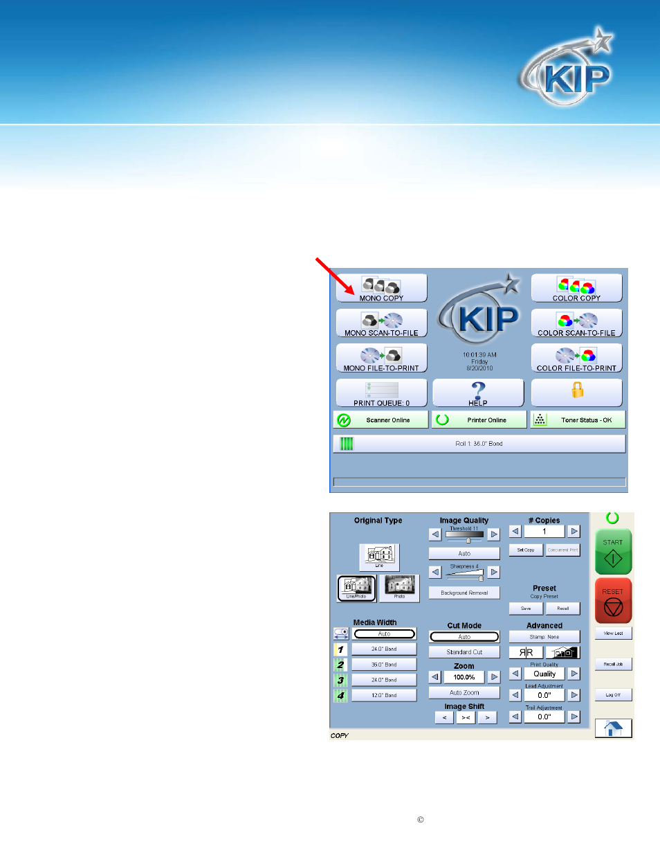 Home screen, Kip touchscreen software | Konica Minolta KIP 7100 User Manual | Page 22 / 205