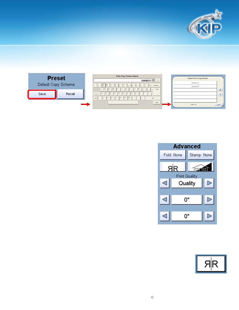 Advanced options, Mirror, Kip touchscreen software | Konica Minolta KIP 7100 User Manual | Page 32 / 205