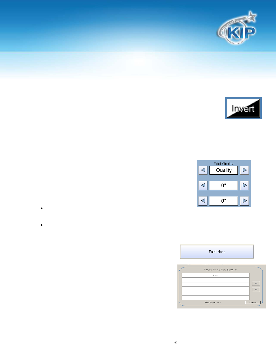 Invert, Copy quality settings, Fold | Kip touchscreen software | Konica Minolta KIP 7100 User Manual | Page 33 / 205