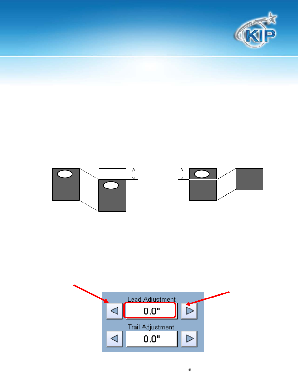 Lead edge adjustment, Trailing edge adjustment, Kip touchscreen software | Konica Minolta KIP 7100 User Manual | Page 35 / 205