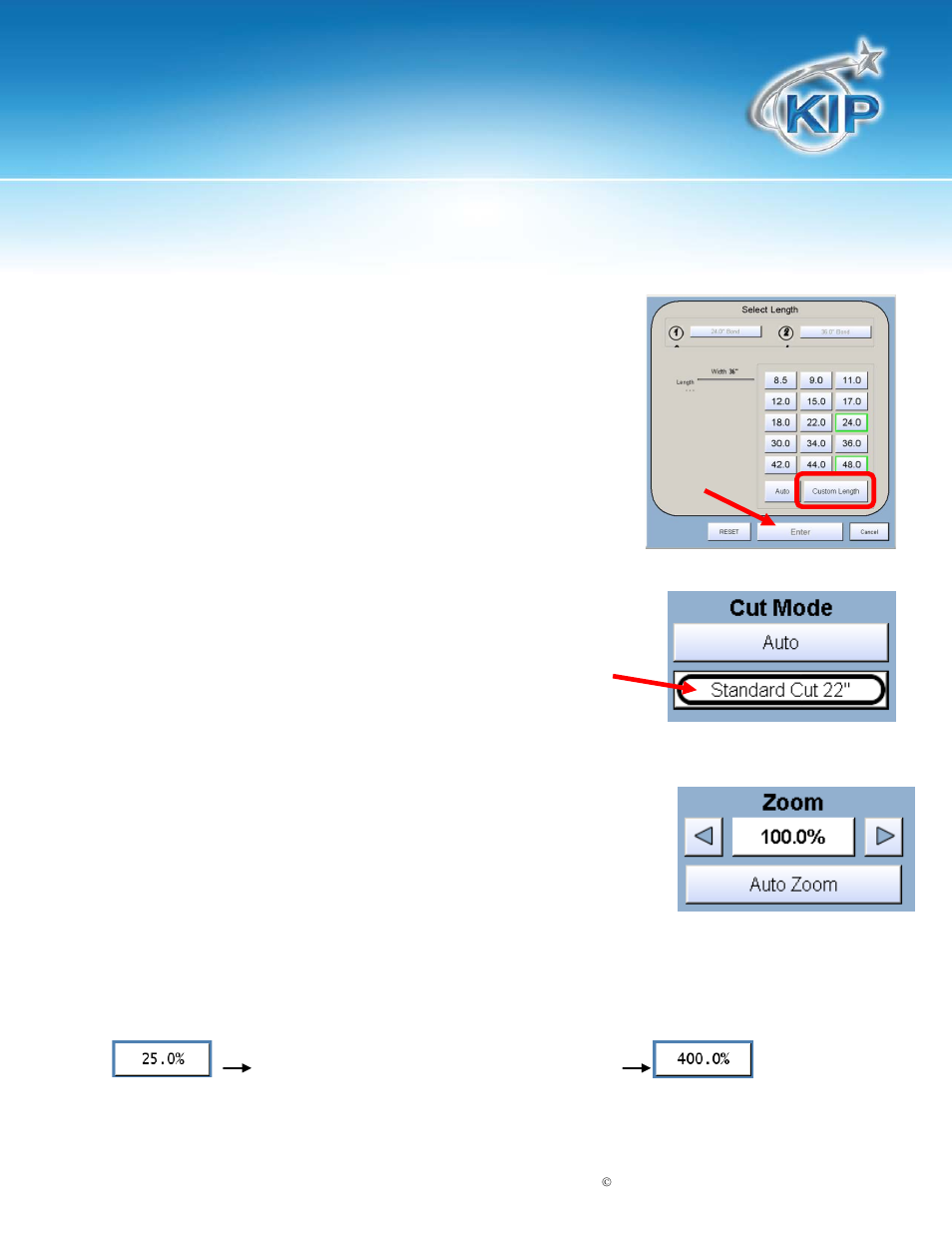 Zoom, Preset percentages, Kip touchscreen software | Konica Minolta KIP 7100 User Manual | Page 44 / 205