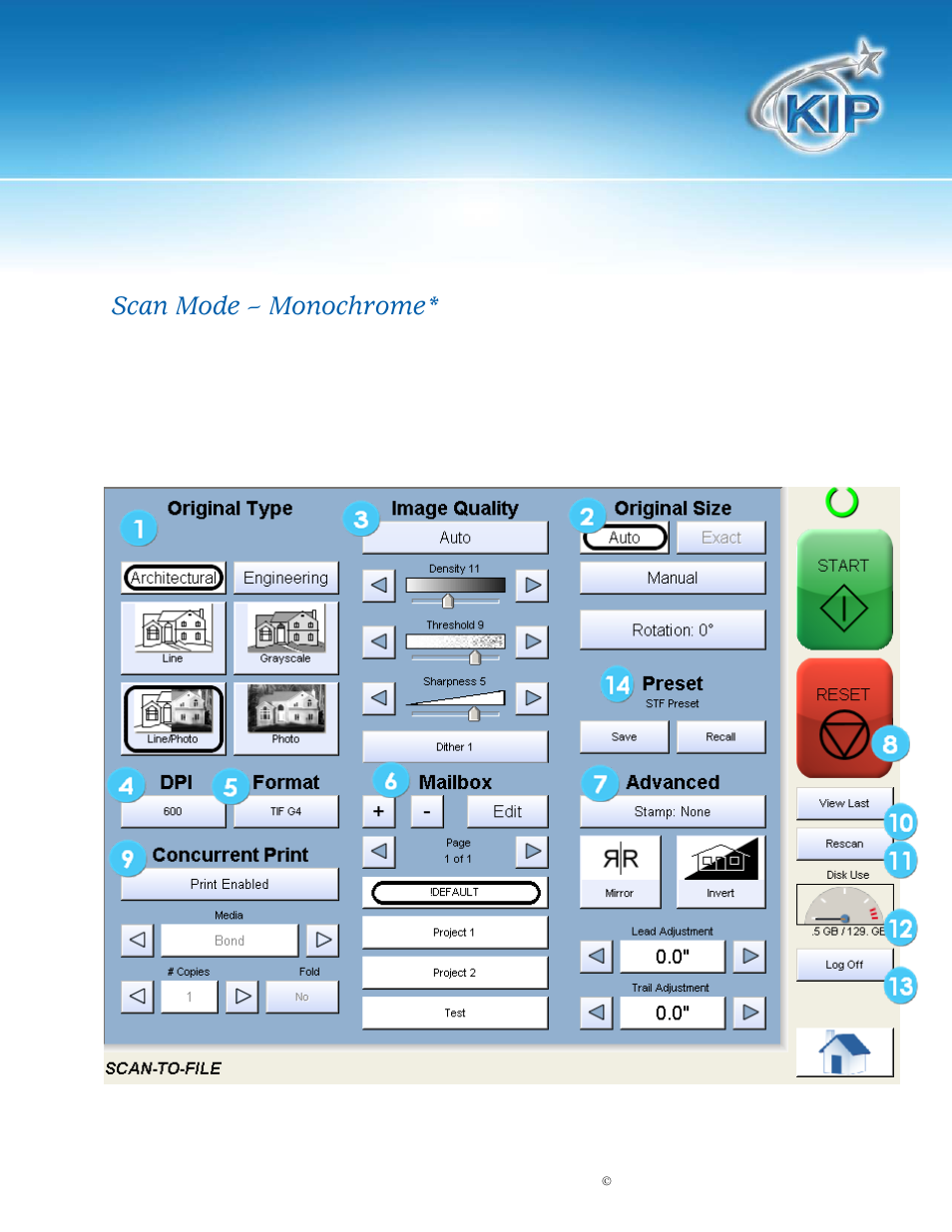 Select scan mode, Main screen, Kip touchscreen software | Scan mode – monochrome | Konica Minolta KIP 7100 User Manual | Page 49 / 205