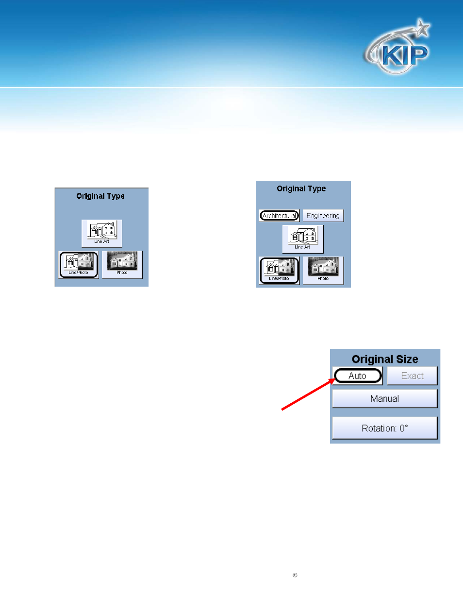 Original size, Automatic size, Exact size | Kip touchscreen software | Konica Minolta KIP 7100 User Manual | Page 58 / 205