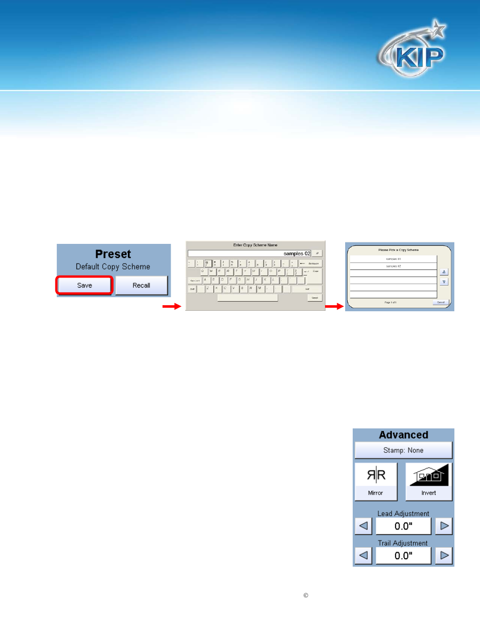 Advanced settings, Kip touchscreen software, Preset schemes | Konica Minolta KIP 7100 User Manual | Page 66 / 205