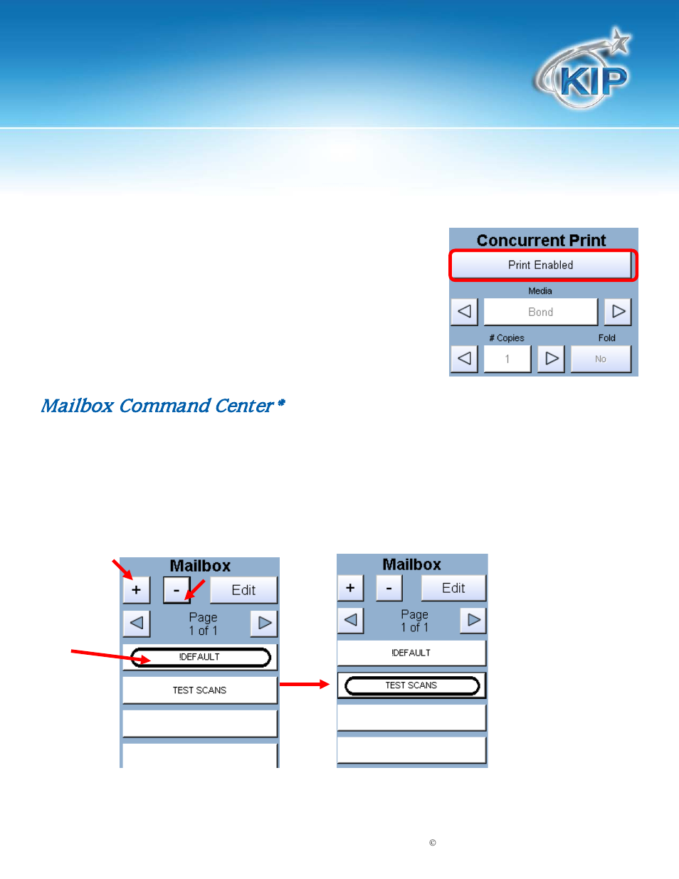 Print enabled – concurrent print, Mailbox command center, Selecting a mailbox | Kip touchscreen software | Konica Minolta KIP 7100 User Manual | Page 70 / 205