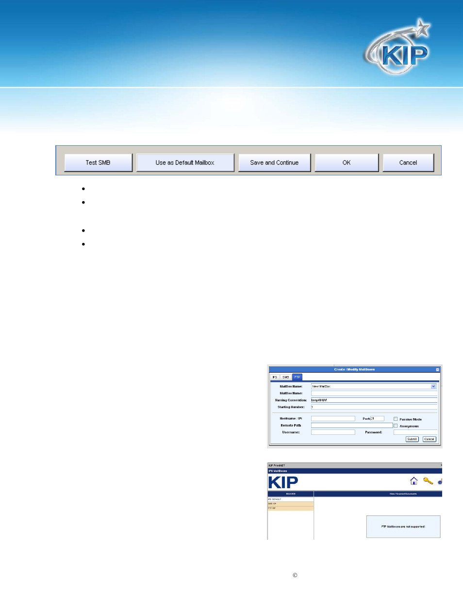 Ftp locations, Adding ftp mailbox location from kip printnet, Kip touchscreen software | Konica Minolta KIP 7100 User Manual | Page 80 / 205