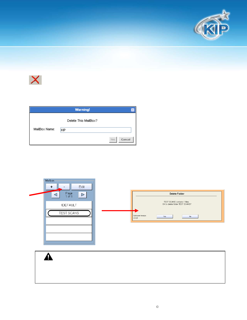 Delete a mailbox, Removing a mailbox, Kip touchscreen software | Konica Minolta KIP 7100 User Manual | Page 81 / 205