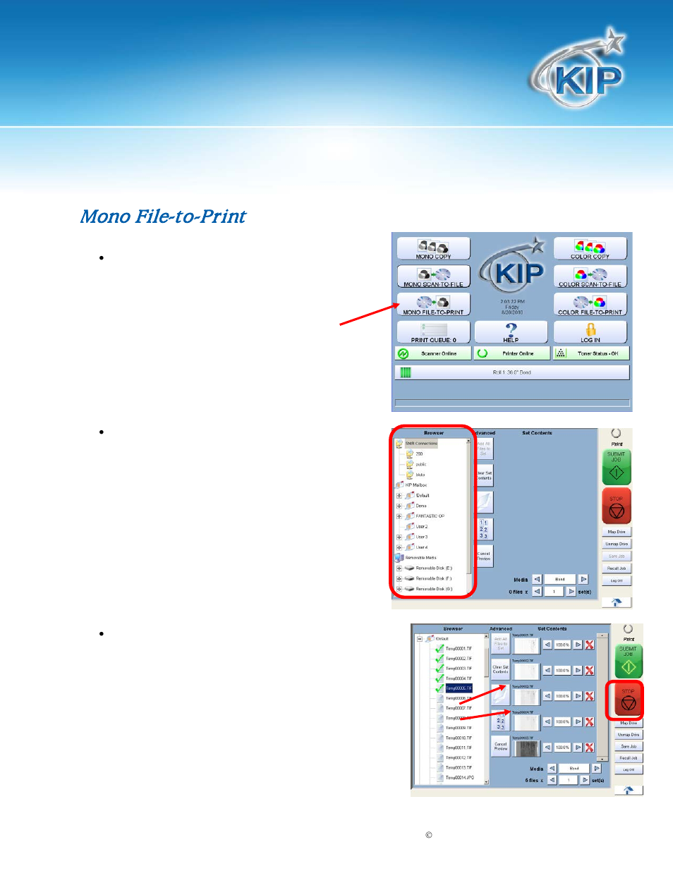 Mono file-to-print, Kip touchscreen software | Konica Minolta KIP 7100 User Manual | Page 85 / 205