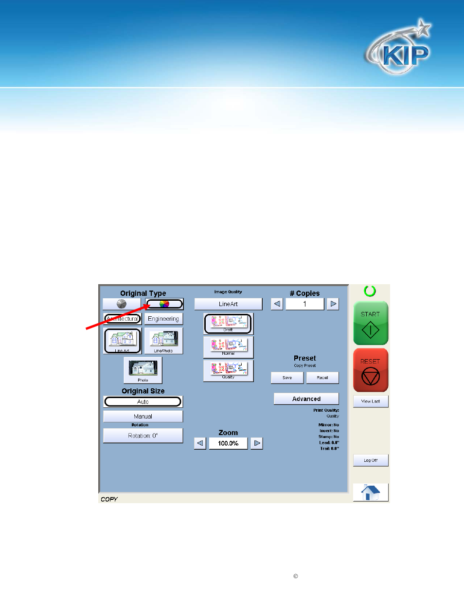Simple copying, Select copy mode, Kip touchscreen software | Konica Minolta KIP 7100 User Manual | Page 90 / 205