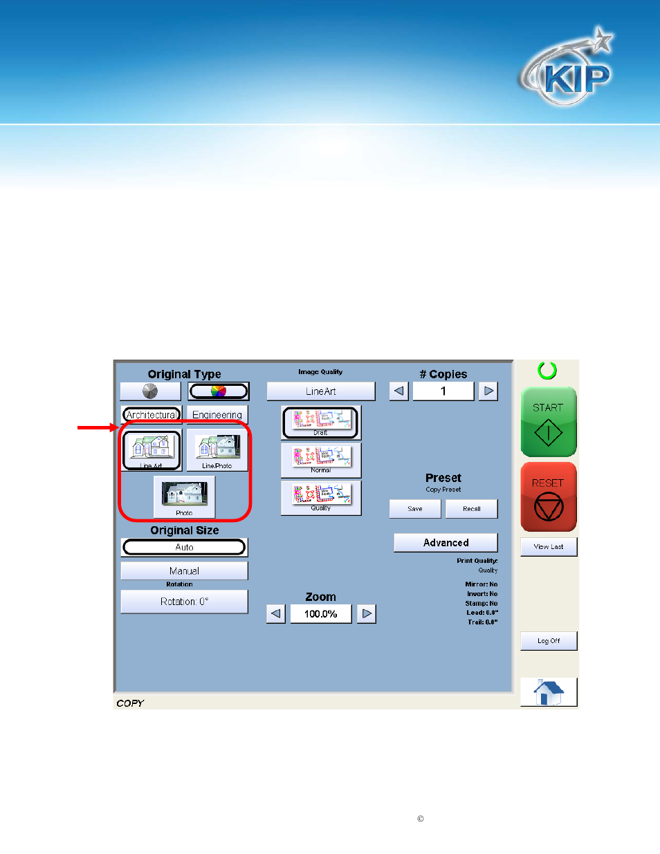 Select original image type, Print quality, Kip touchscreen software | Konica Minolta KIP 7100 User Manual | Page 92 / 205