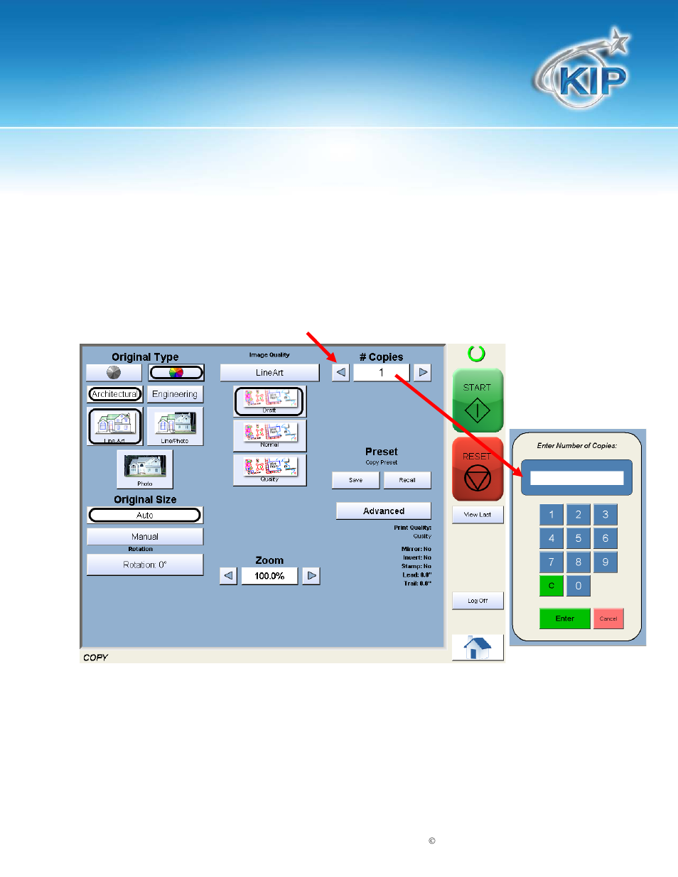 Copy count, Original size, Kip touchscreen software | Konica Minolta KIP 7100 User Manual | Page 94 / 205