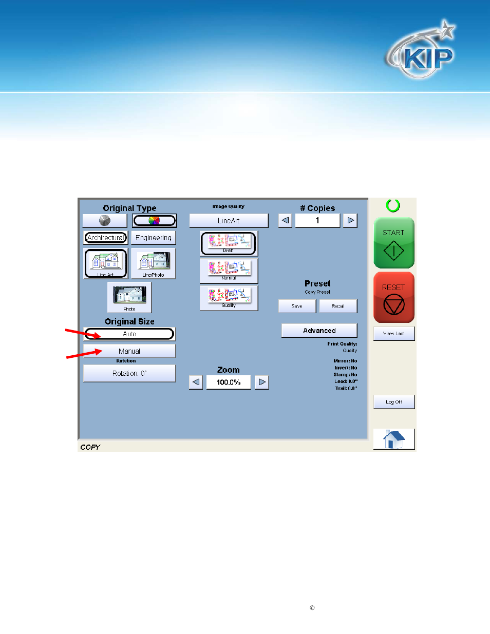 Size select, Kip touchscreen software, Original size | Konica Minolta KIP 7100 User Manual | Page 95 / 205