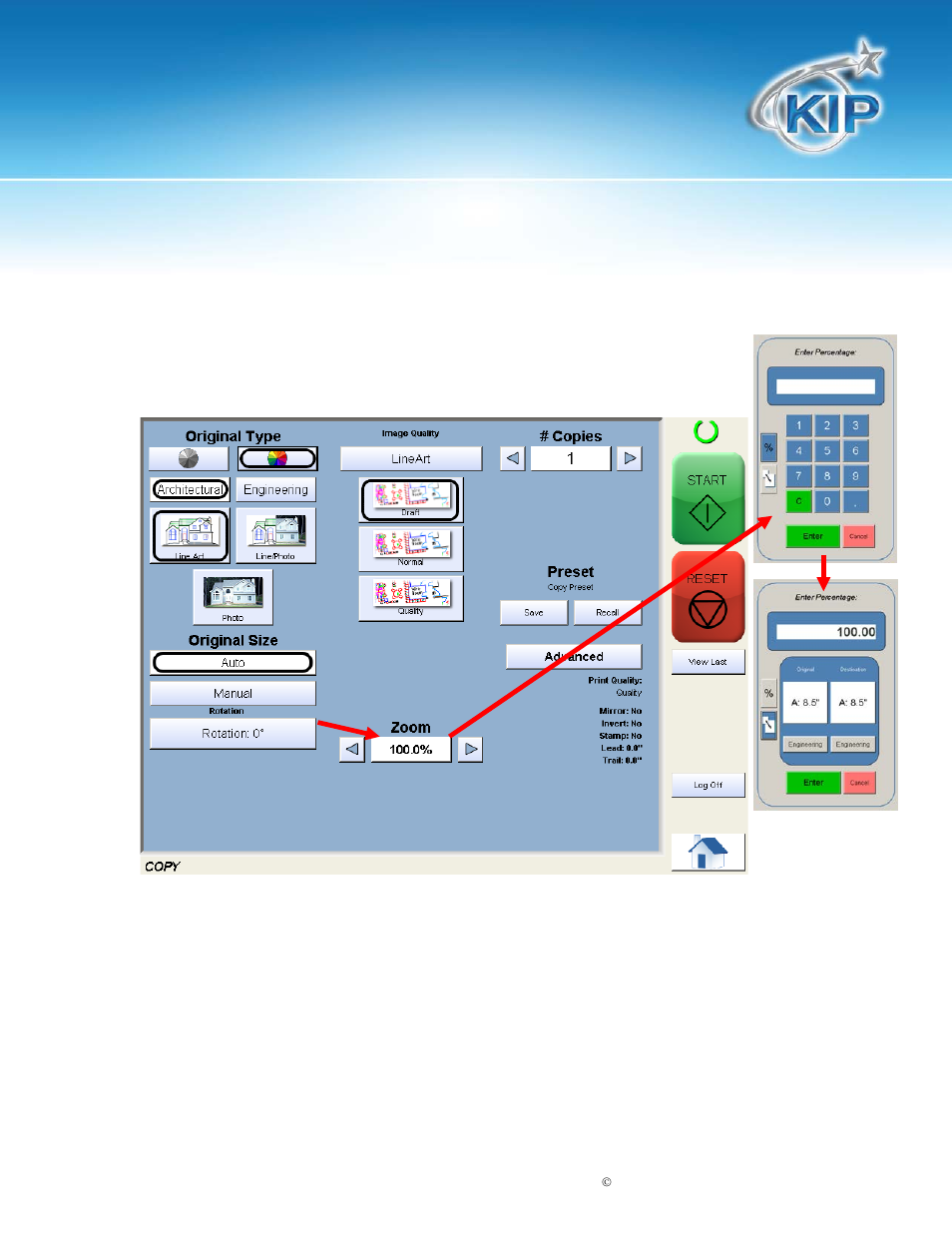 Insert original, Kip touchscreen software, Size select | Konica Minolta KIP 7100 User Manual | Page 96 / 205