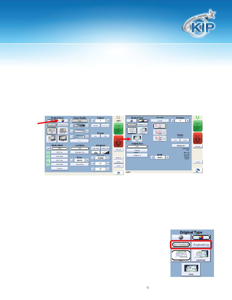 Operation details, Main screen, Original | Original size mode, Kip touchscreen software, Operation details main screen | Konica Minolta KIP 7100 User Manual | Page 97 / 205