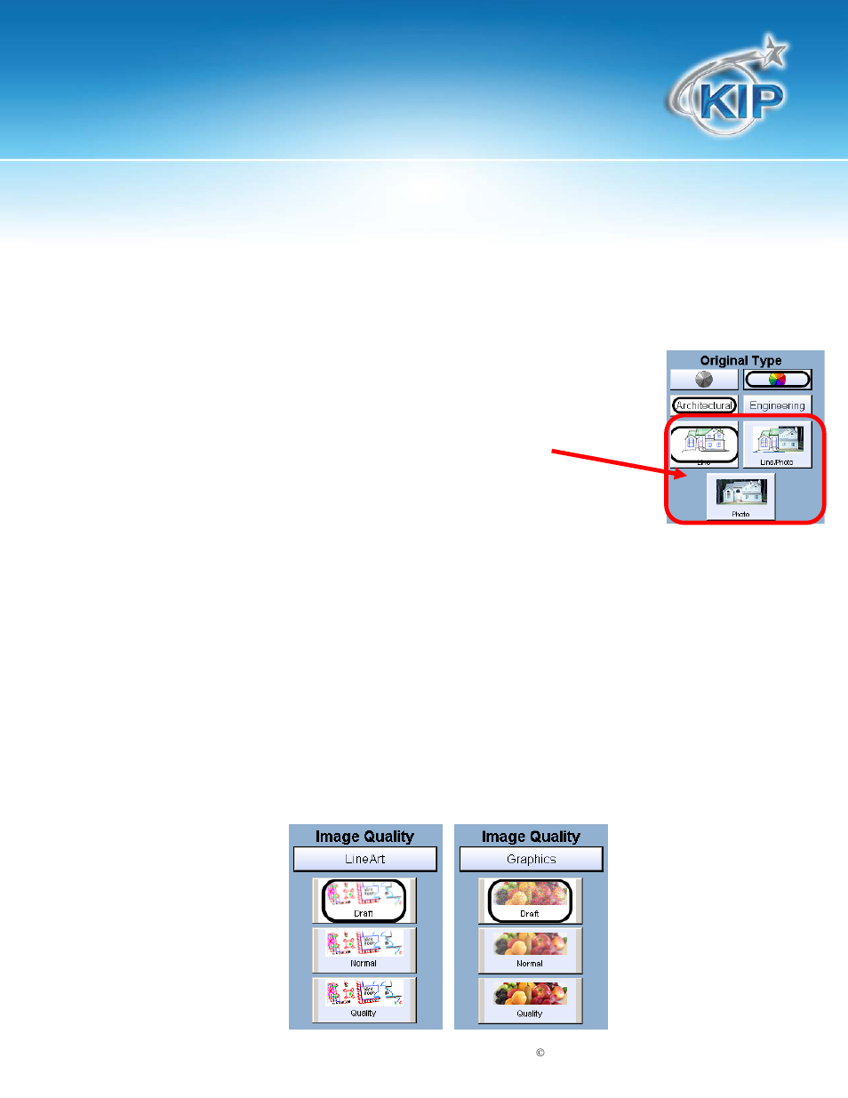 Original type, Print quality, Line / graphic mode | Kip touchscreen software | Konica Minolta KIP 7100 User Manual | Page 98 / 205