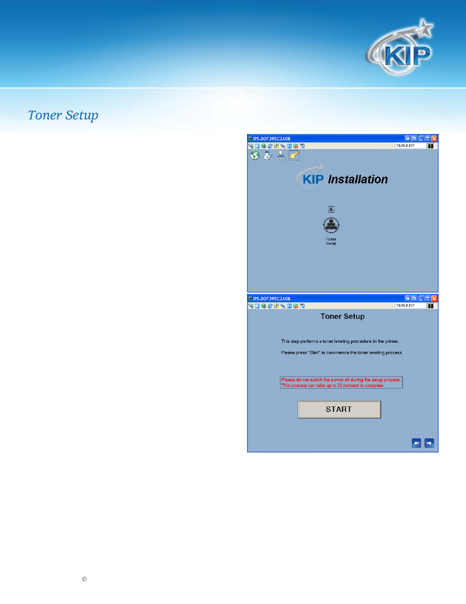 Kip restore/ghosting procedure, Toner setup | Konica Minolta KIP 7700 User Manual | Page 11 / 12