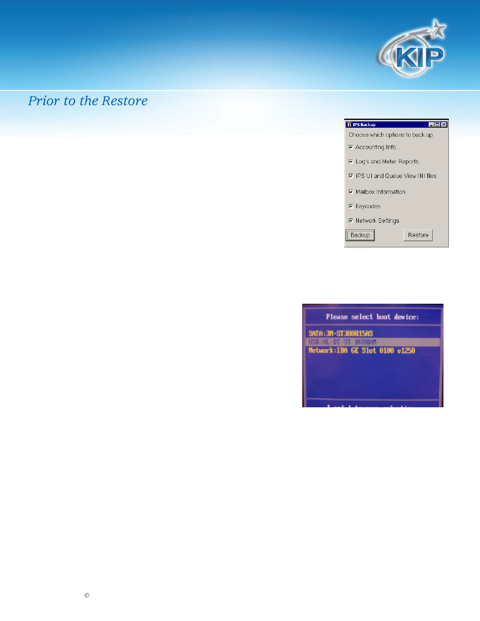 Kip restore/ghosting procedure, Prior to the restore | Konica Minolta KIP 7700 User Manual | Page 3 / 12