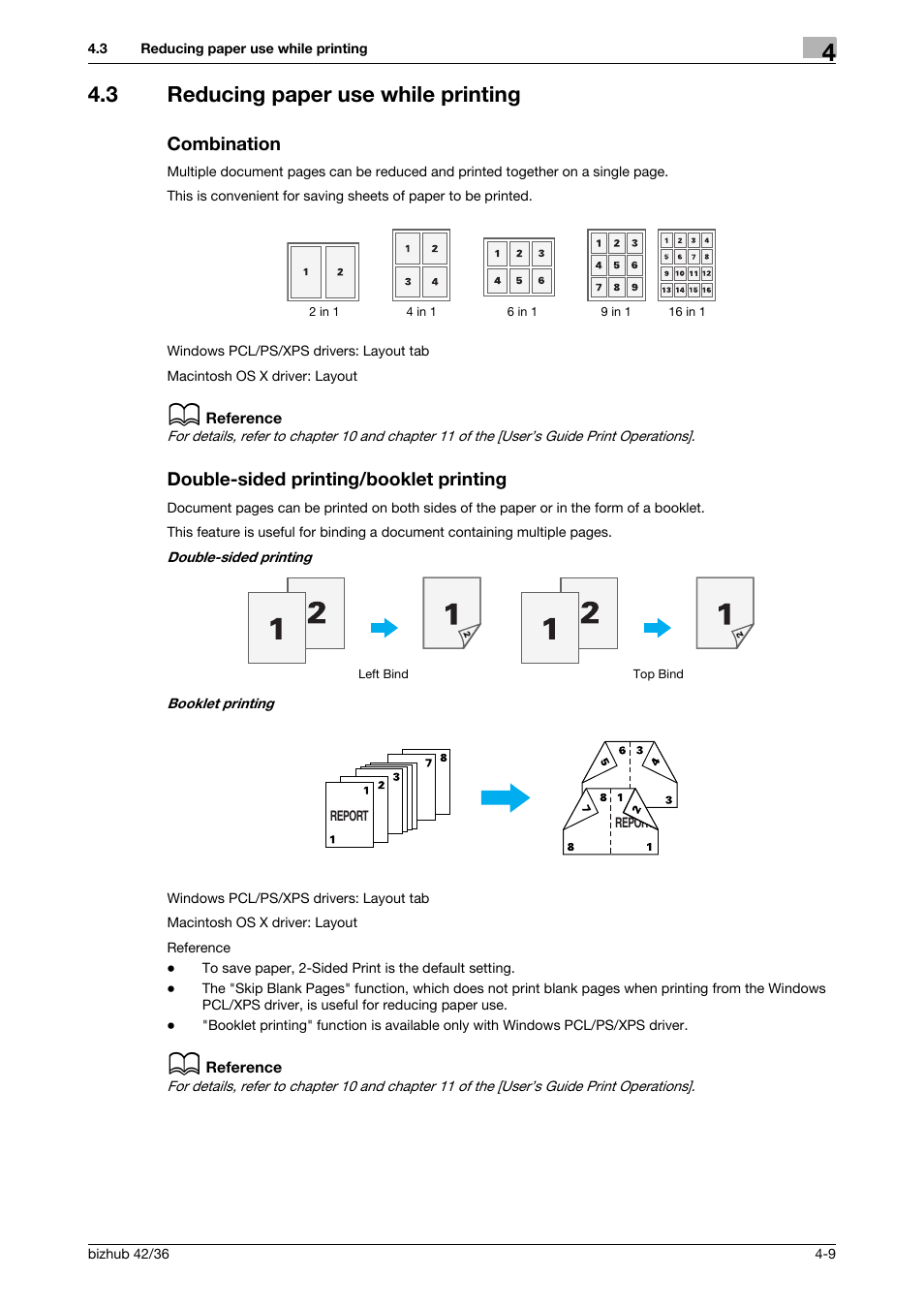 3 reducing paper use while printing, Combination, Double-sided printing/booklet printing | Konica Minolta bizhub 36 User Manual | Page 107 / 182