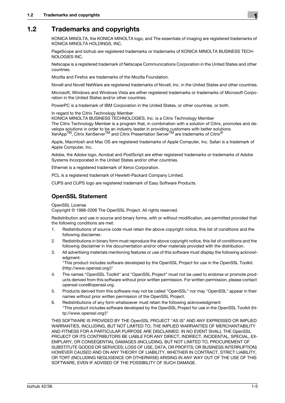 2 trademarks and copyrights, Openssl statement, Trademarks and copyrights -5 openssl statement -5 | Konica Minolta bizhub 36 User Manual | Page 11 / 182