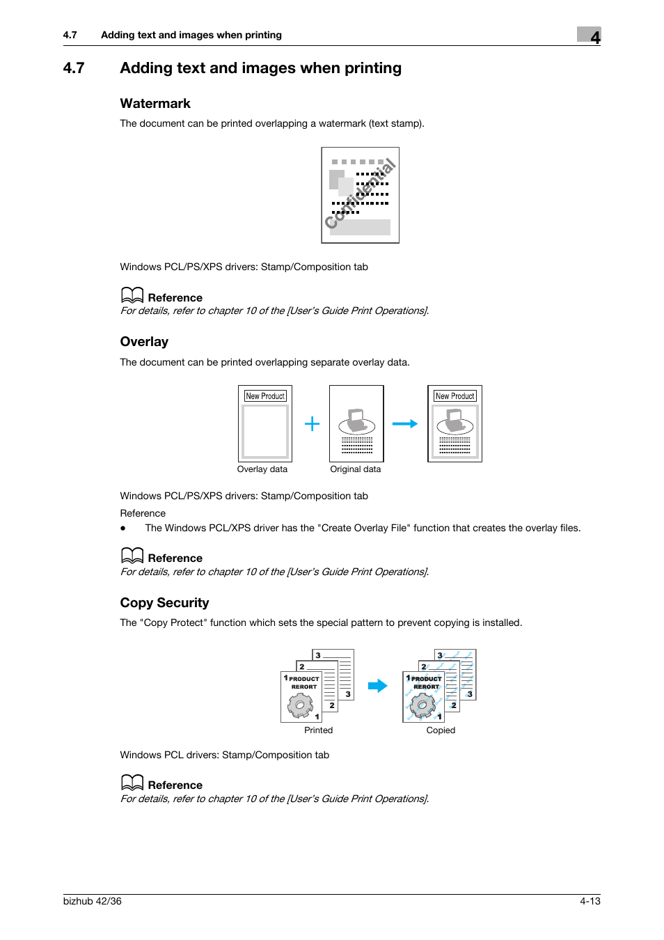 7 adding text and images when printing, Watermark, Overlay | Copy security | Konica Minolta bizhub 36 User Manual | Page 111 / 182