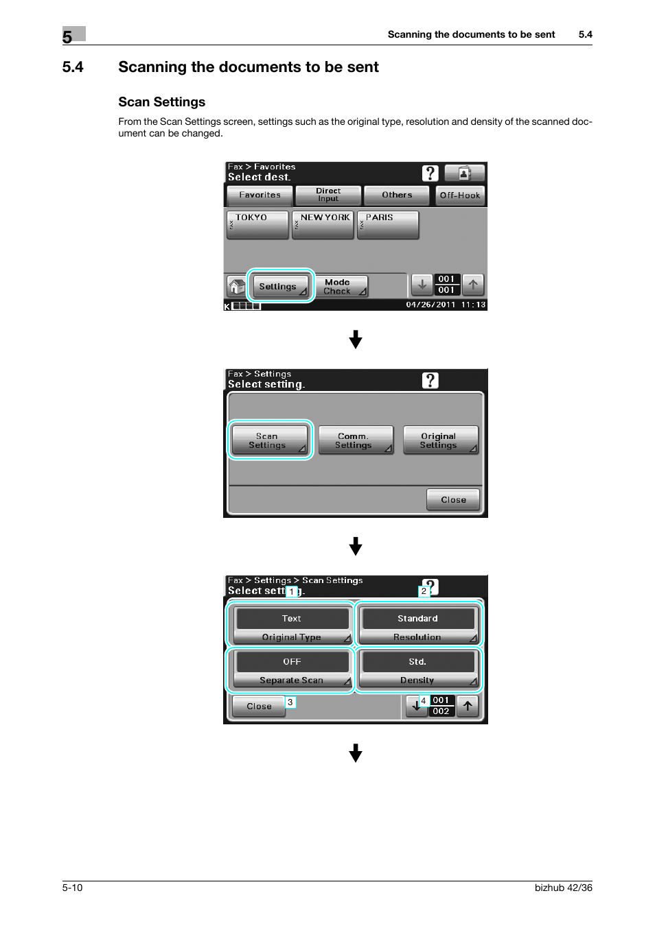 4 scanning the documents to be sent, Scan settings | Konica Minolta bizhub 36 User Manual | Page 124 / 182