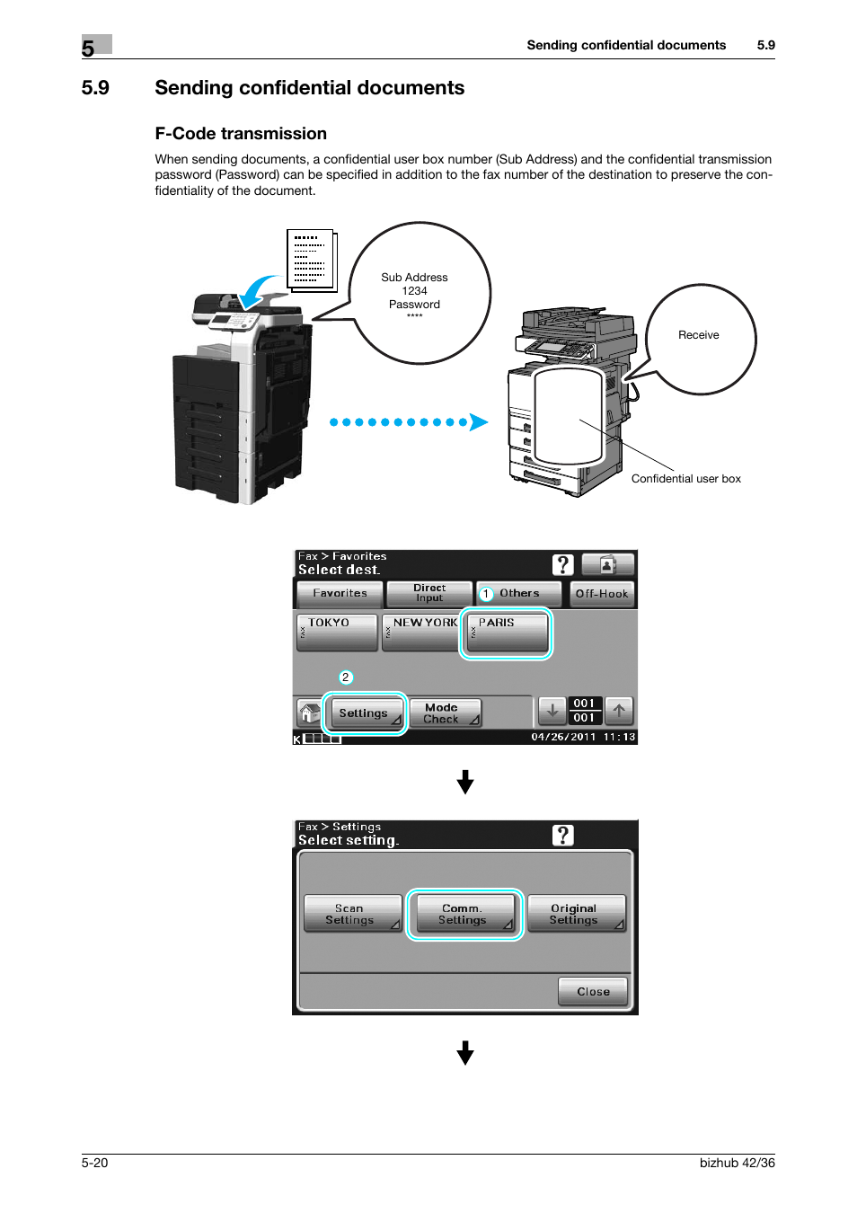 9 sending confidential documents, F-code transmission | Konica Minolta bizhub 36 User Manual | Page 134 / 182