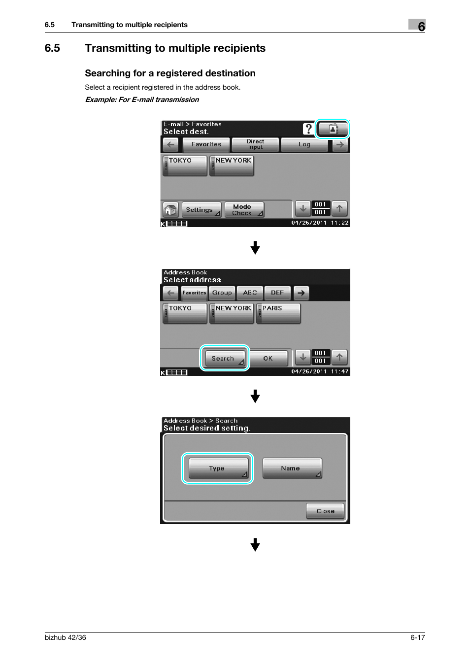 5 transmitting to multiple recipients, Searching for a registered destination | Konica Minolta bizhub 36 User Manual | Page 155 / 182