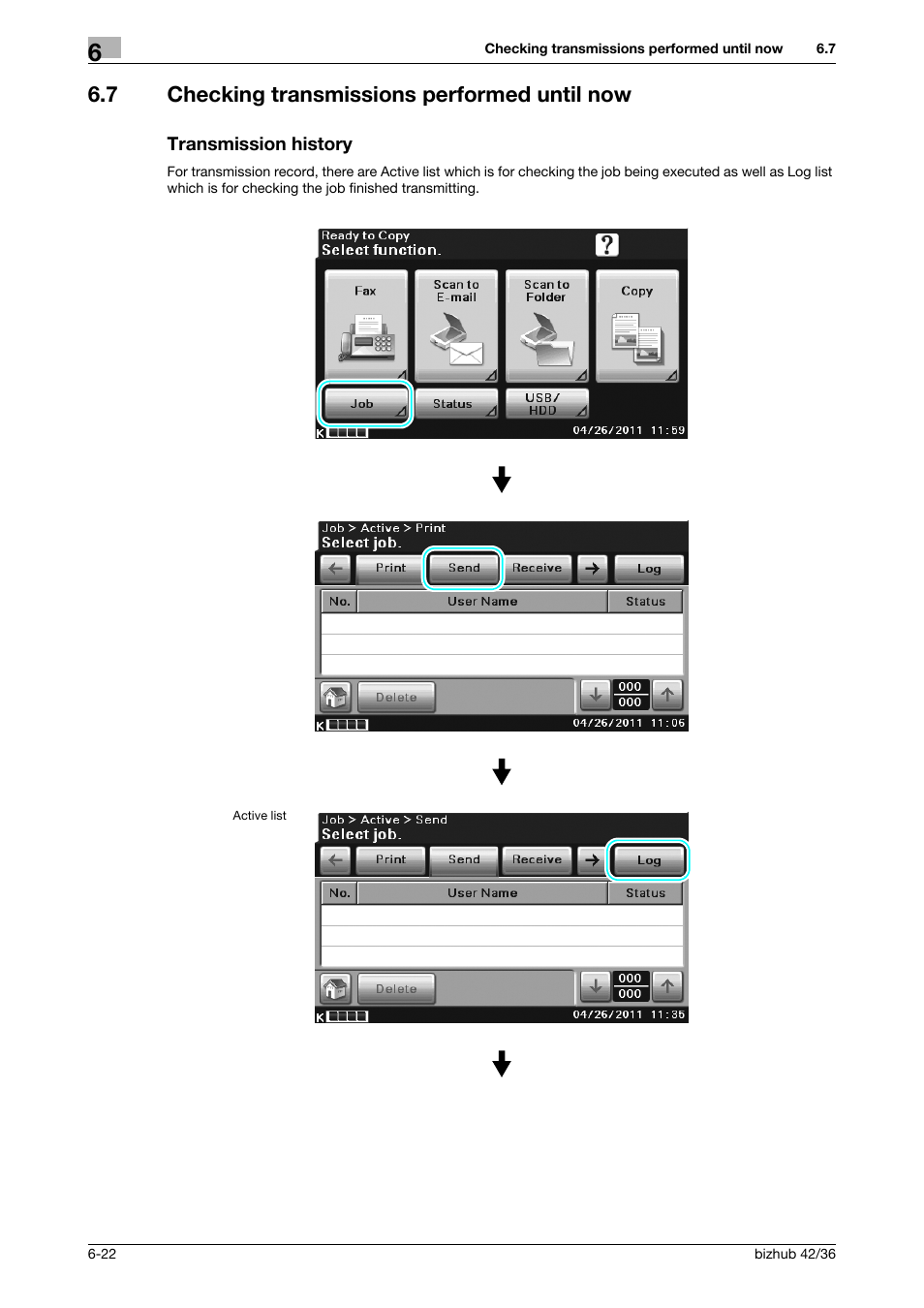 7 checking transmissions performed until now, Transmission history | Konica Minolta bizhub 36 User Manual | Page 160 / 182