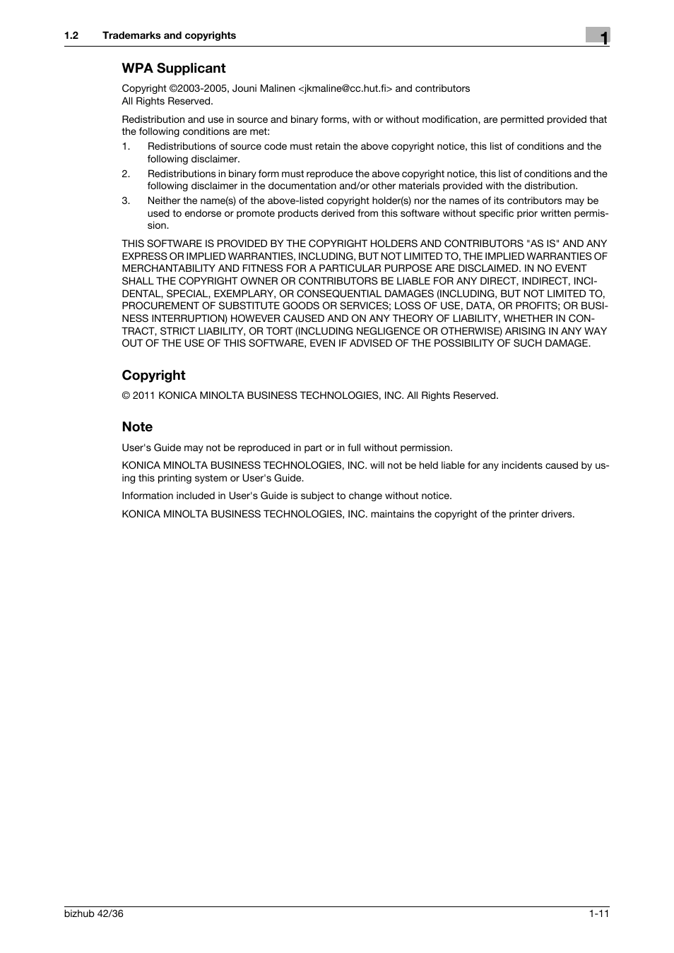 Wpa supplicant, Copyright, Note | Wpa supplicant -11 copyright -11 note -11 | Konica Minolta bizhub 36 User Manual | Page 17 / 182