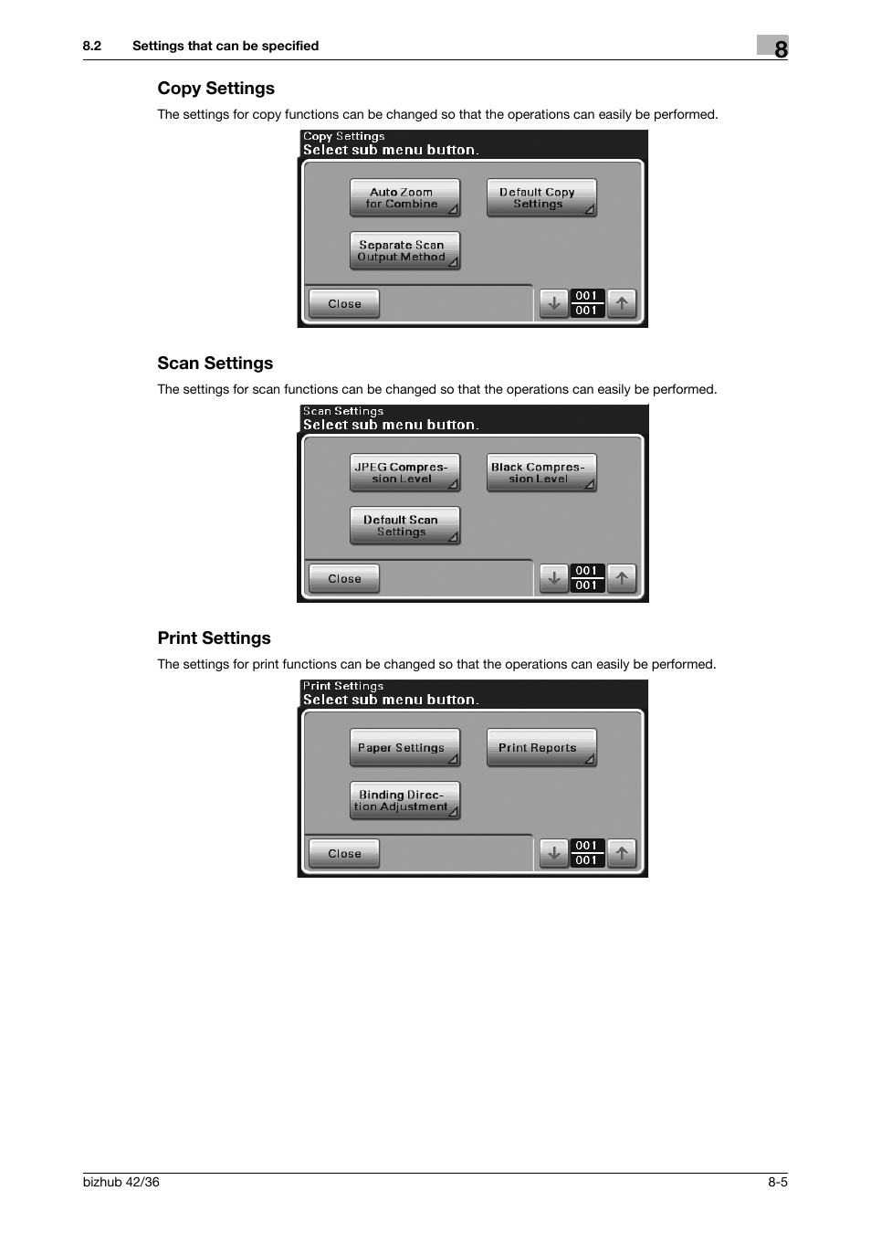 Copy settings, Scan settings, Print settings | Konica Minolta bizhub 36 User Manual | Page 173 / 182