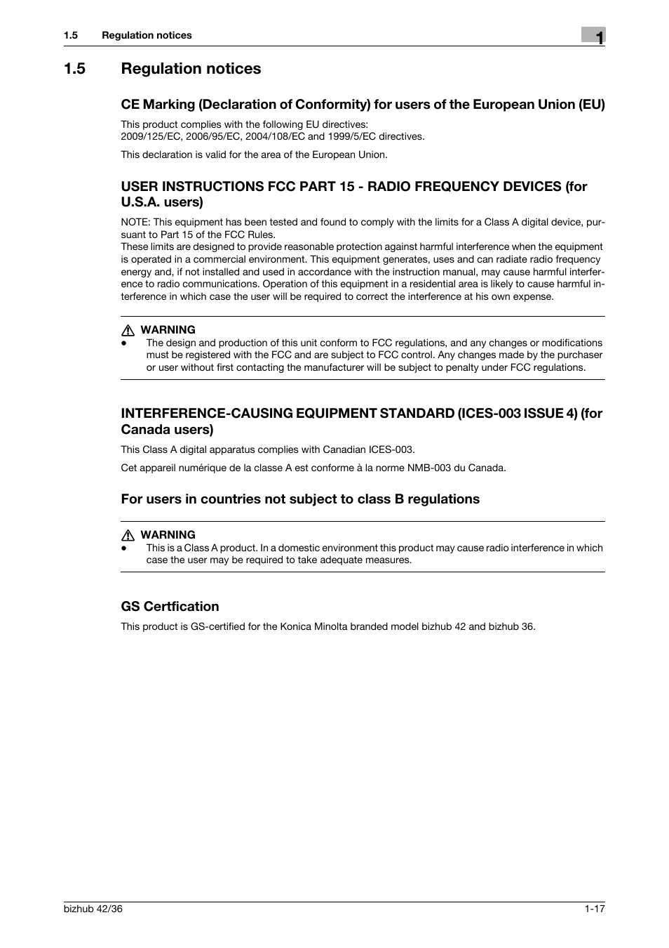 5 regulation notices, Gs certfication | Konica Minolta bizhub 36 User Manual | Page 23 / 182