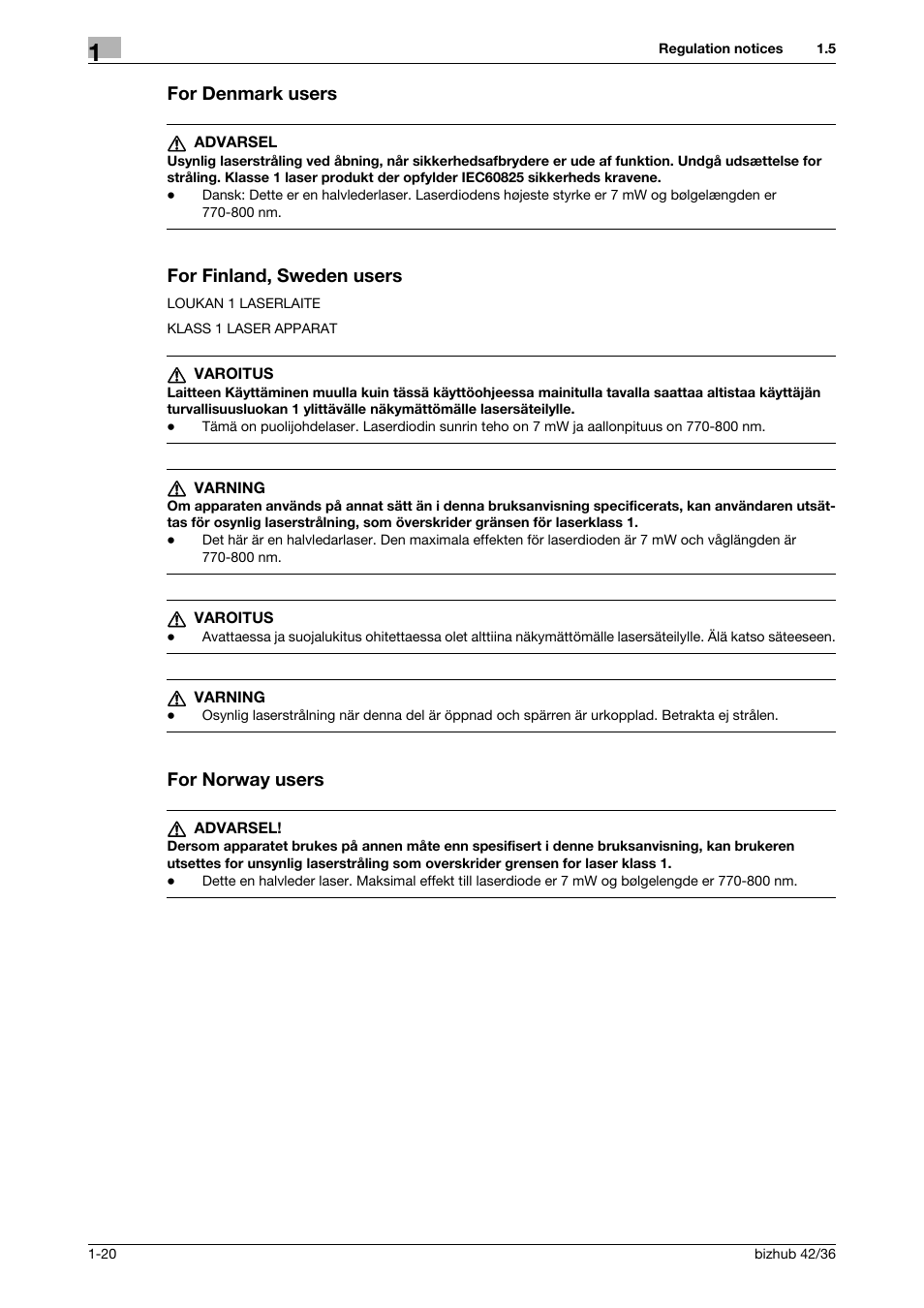 For denmark users, For finland, sweden users, For norway users | Konica Minolta bizhub 36 User Manual | Page 26 / 182