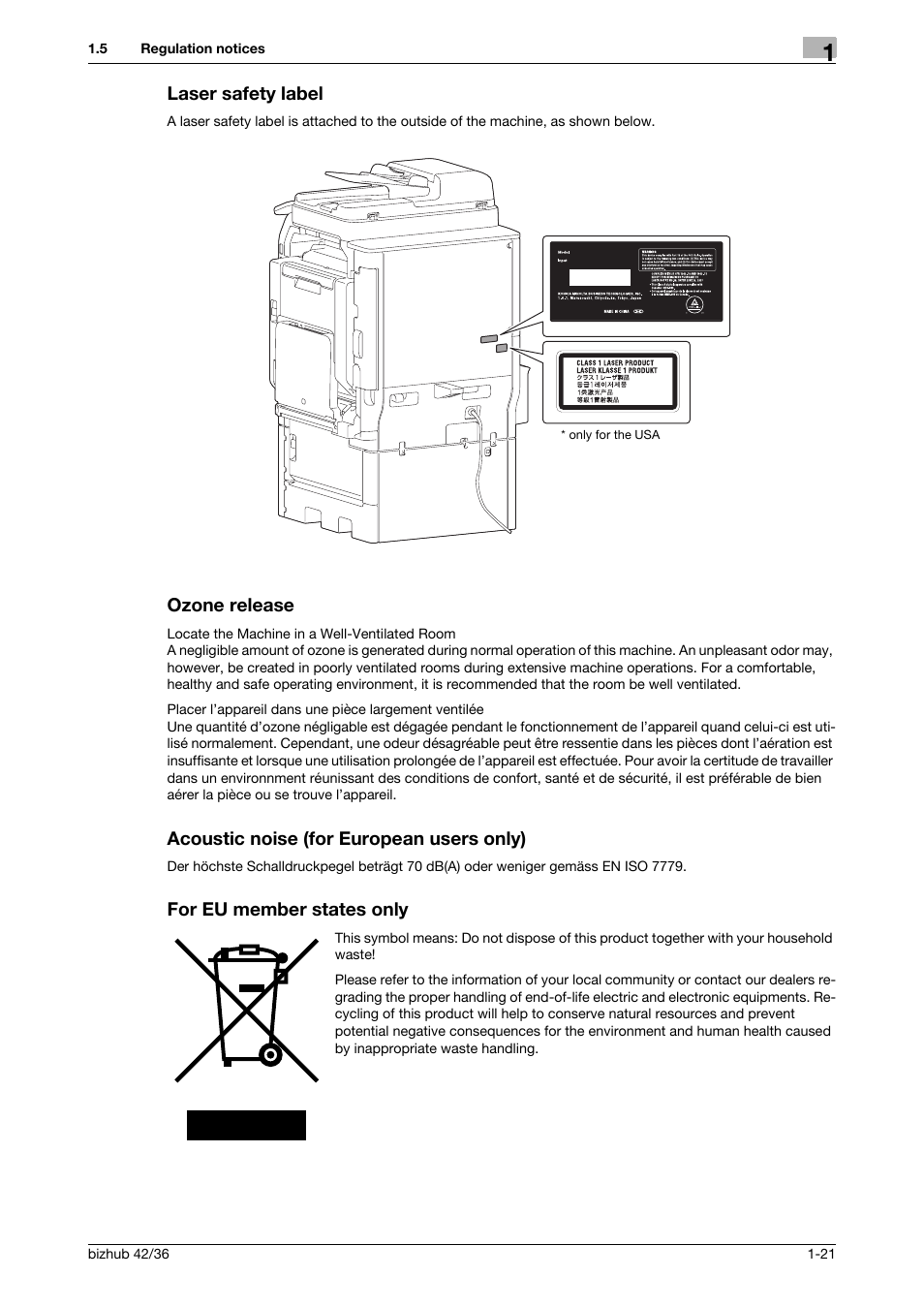 Laser safety label, Ozone release, Acoustic noise (for european users only) | For eu member states only | Konica Minolta bizhub 36 User Manual | Page 27 / 182