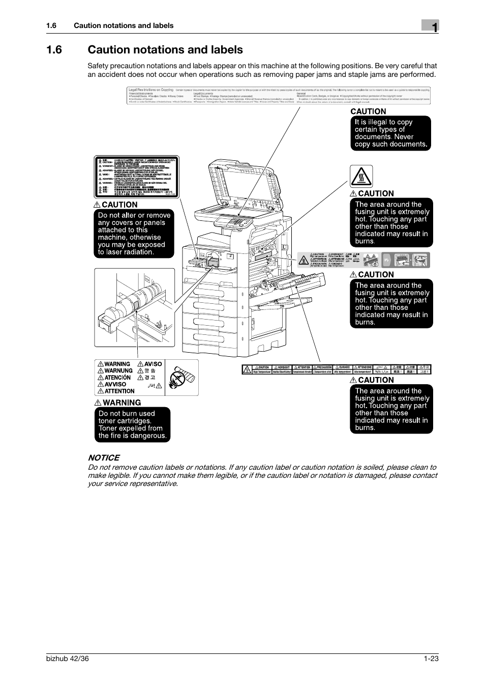 6 caution notations and labels, Caution notations and labels -23 | Konica Minolta bizhub 36 User Manual | Page 29 / 182