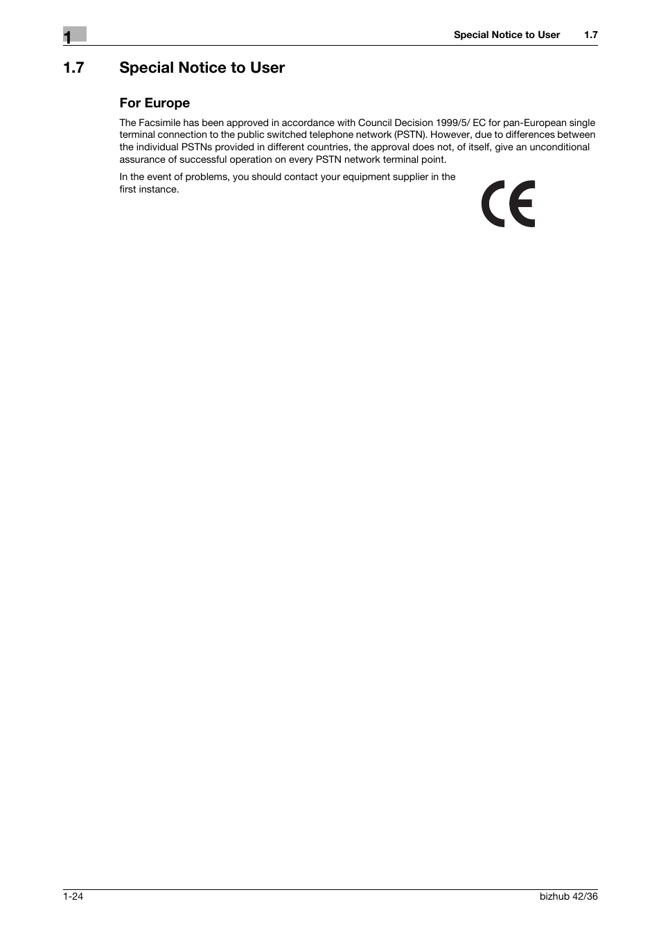 7 special notice to user, For europe, Special notice to user -24 for europe -24 | Konica Minolta bizhub 36 User Manual | Page 30 / 182