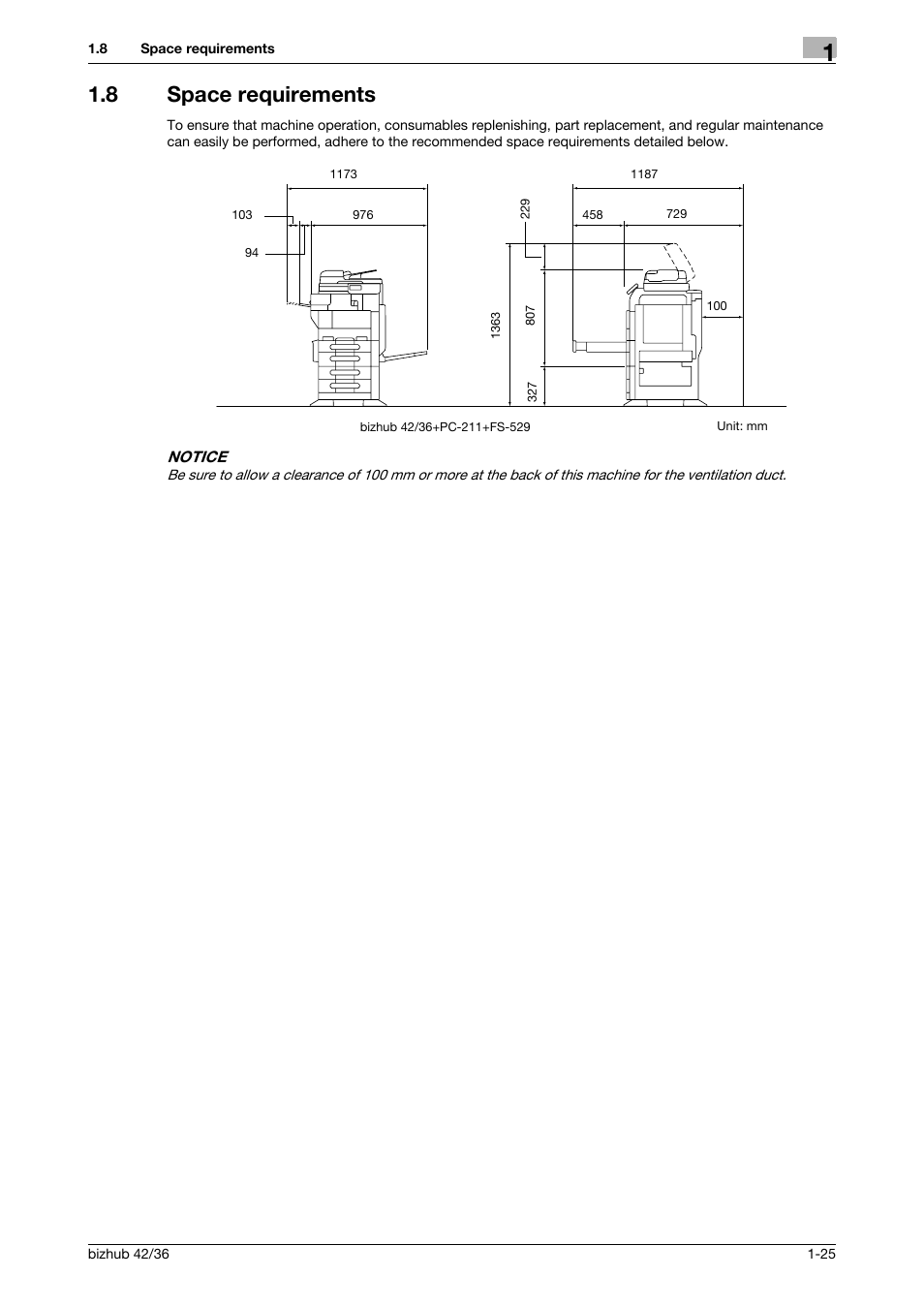 8 space requirements, Space requirements -25 | Konica Minolta bizhub 36 User Manual | Page 31 / 182