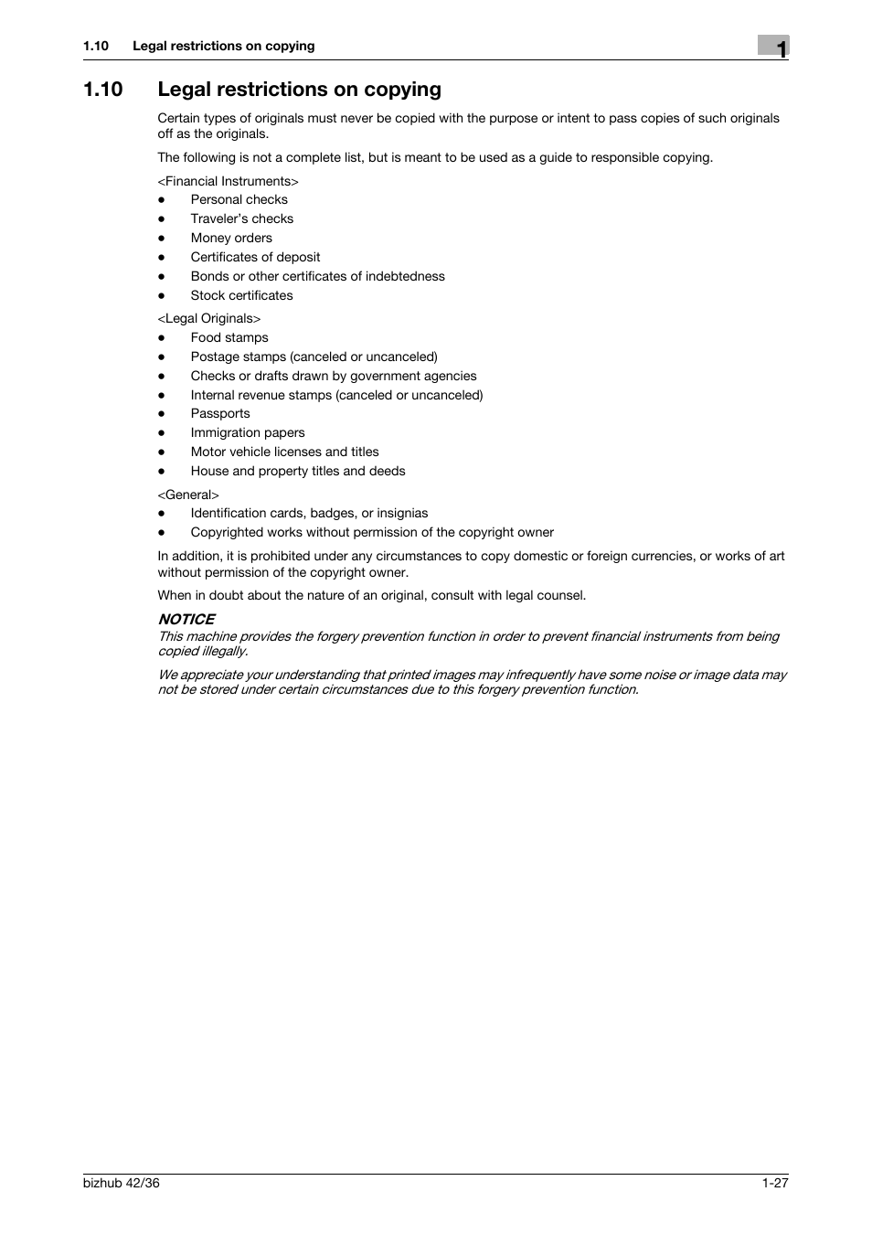 10 legal restrictions on copying, Legal restrictions on copying -27 | Konica Minolta bizhub 36 User Manual | Page 33 / 182