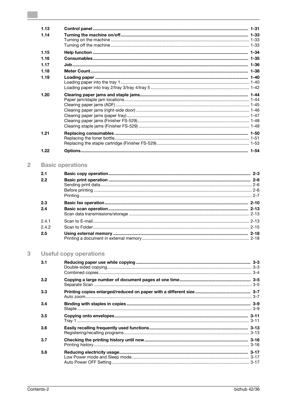 2basic operations, 3useful copy operations | Konica Minolta bizhub 36 User Manual | Page 4 / 182