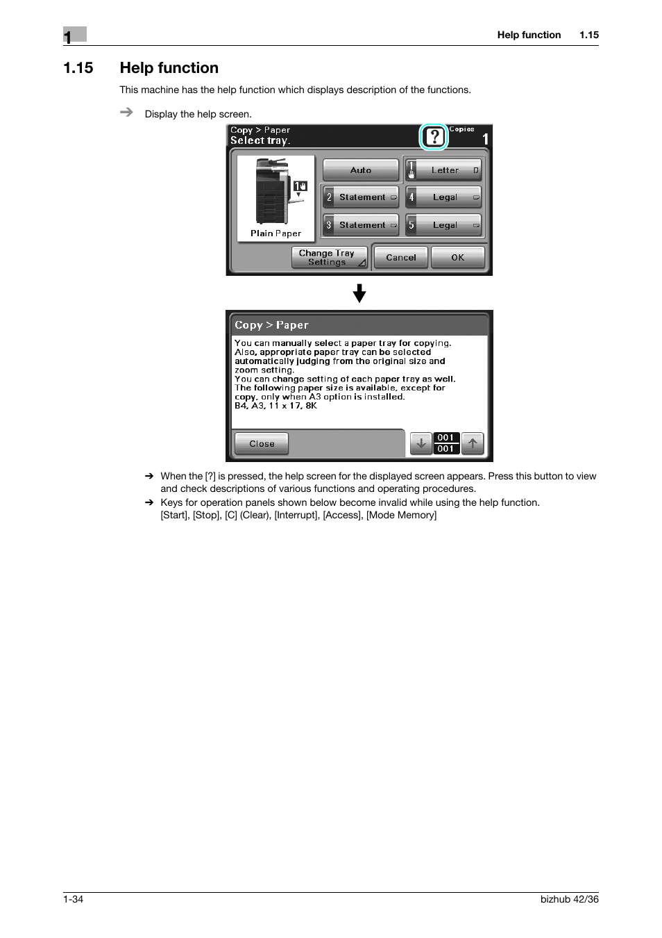 15 help function, Help function -34 | Konica Minolta bizhub 36 User Manual | Page 40 / 182