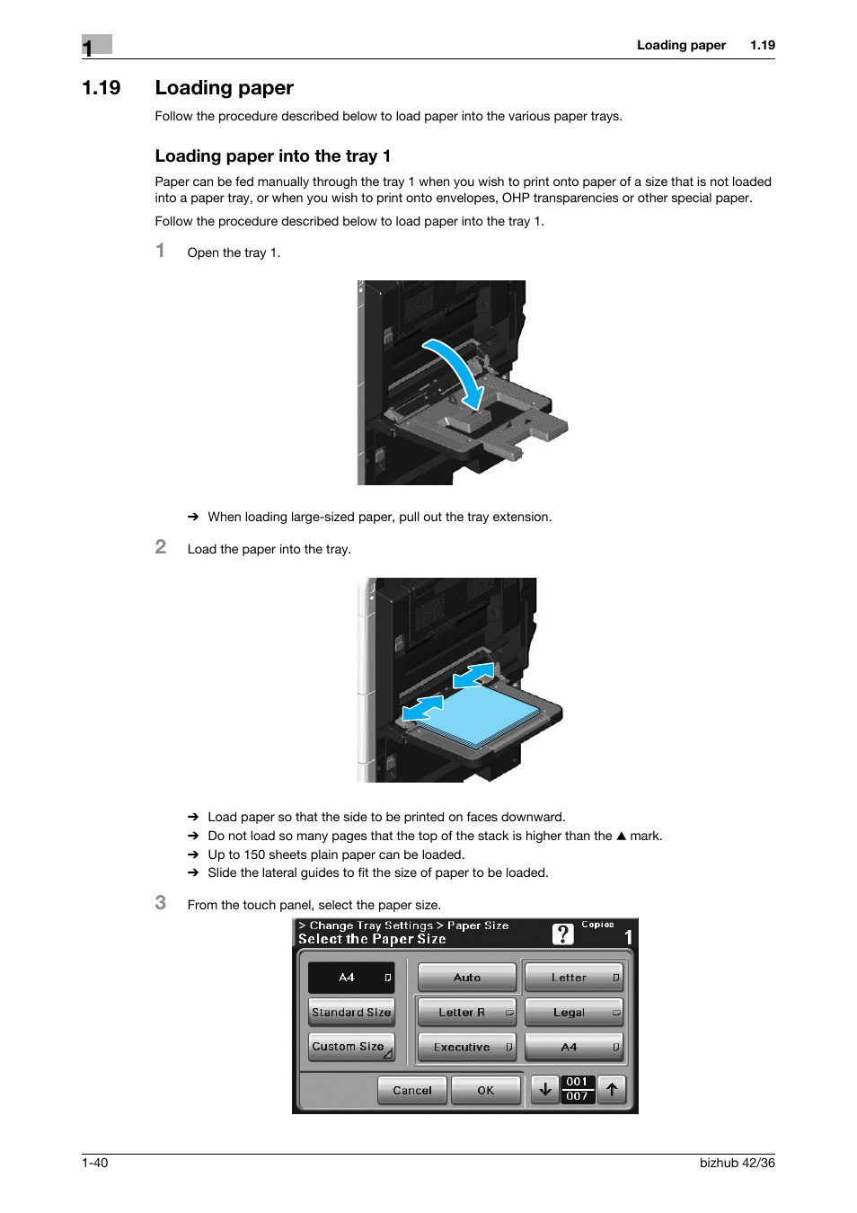 19 loading paper, Loading paper into the tray 1 | Konica Minolta bizhub 36 User Manual | Page 46 / 182