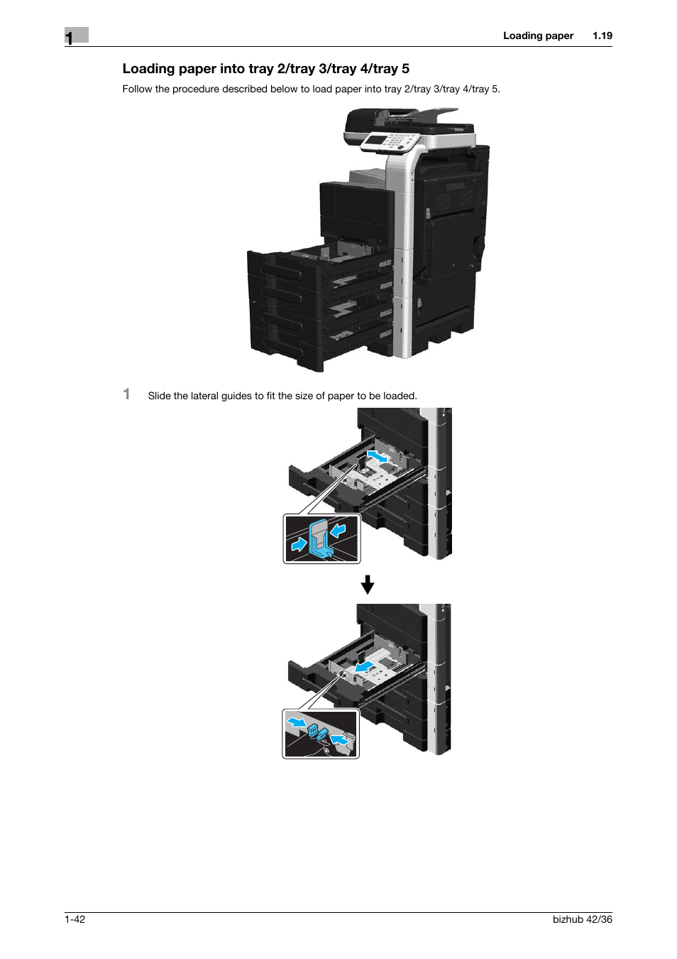 Loading paper into tray 2/tray 3/tray 4/tray 5, Loading paper into tray 2/tray 3/tray 4/tray 5 -42 | Konica Minolta bizhub 36 User Manual | Page 48 / 182