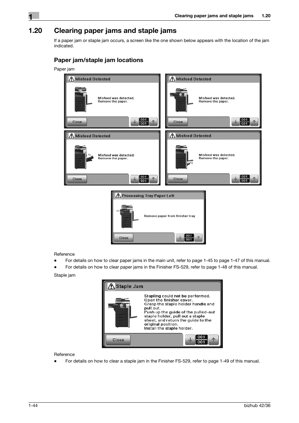 20 clearing paper jams and staple jams, Paper jam/staple jam locations | Konica Minolta bizhub 36 User Manual | Page 50 / 182