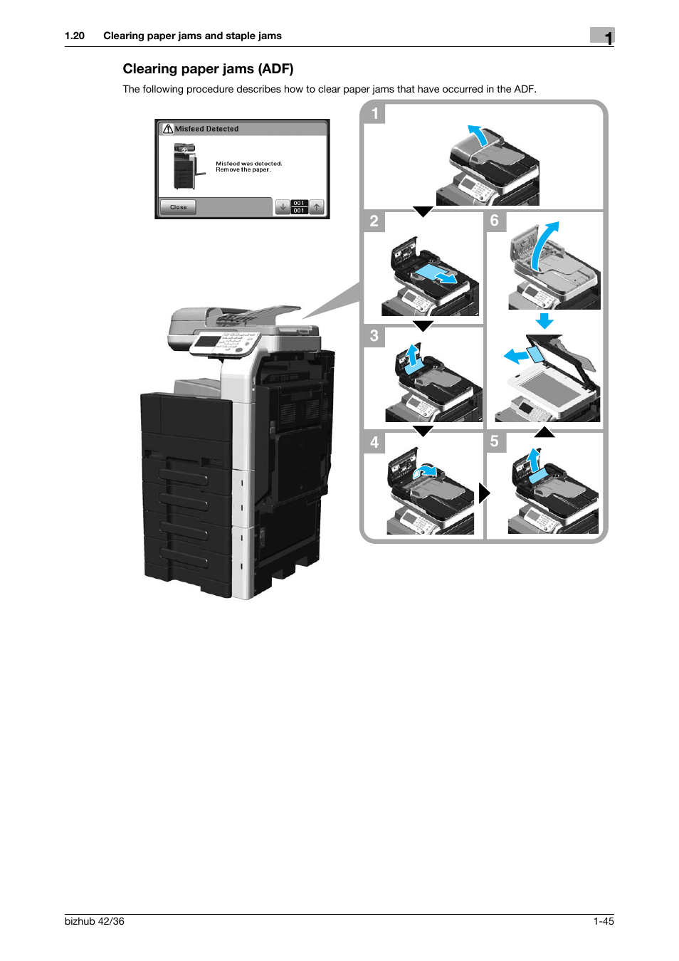 Clearing paper jams (adf), Clearing paper jams (adf) -45 | Konica Minolta bizhub 36 User Manual | Page 51 / 182