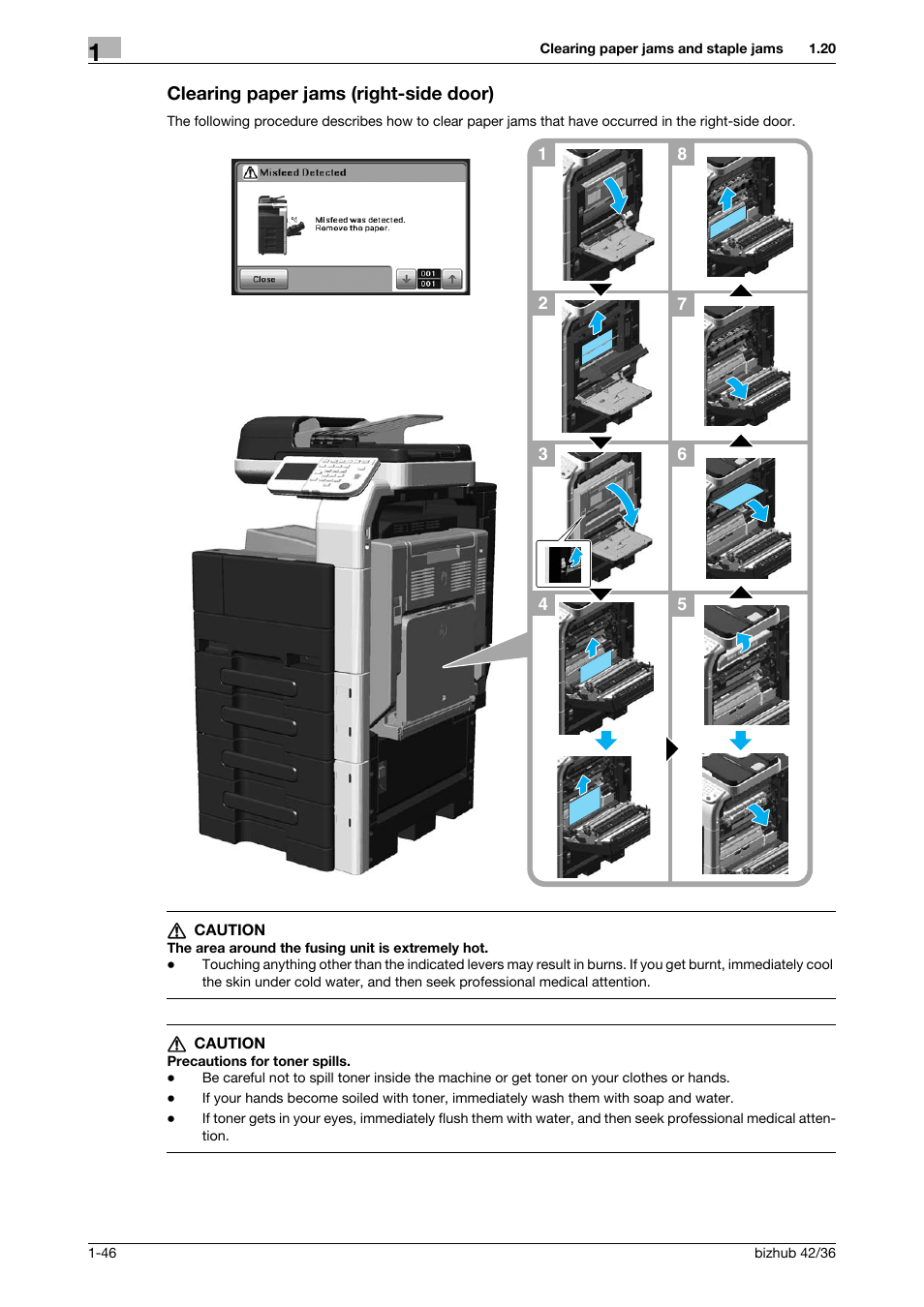 Clearing paper jams (right-side door), Clearing paper jams (right-side door) -46 | Konica Minolta bizhub 36 User Manual | Page 52 / 182