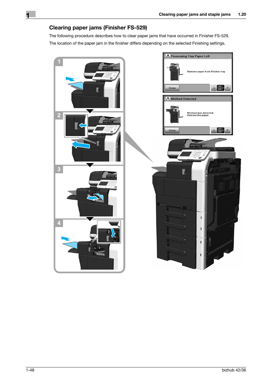 Clearing paper jams (finisher fs-529), Clearing paper jams (finisher fs-529) -48 | Konica Minolta bizhub 36 User Manual | Page 54 / 182