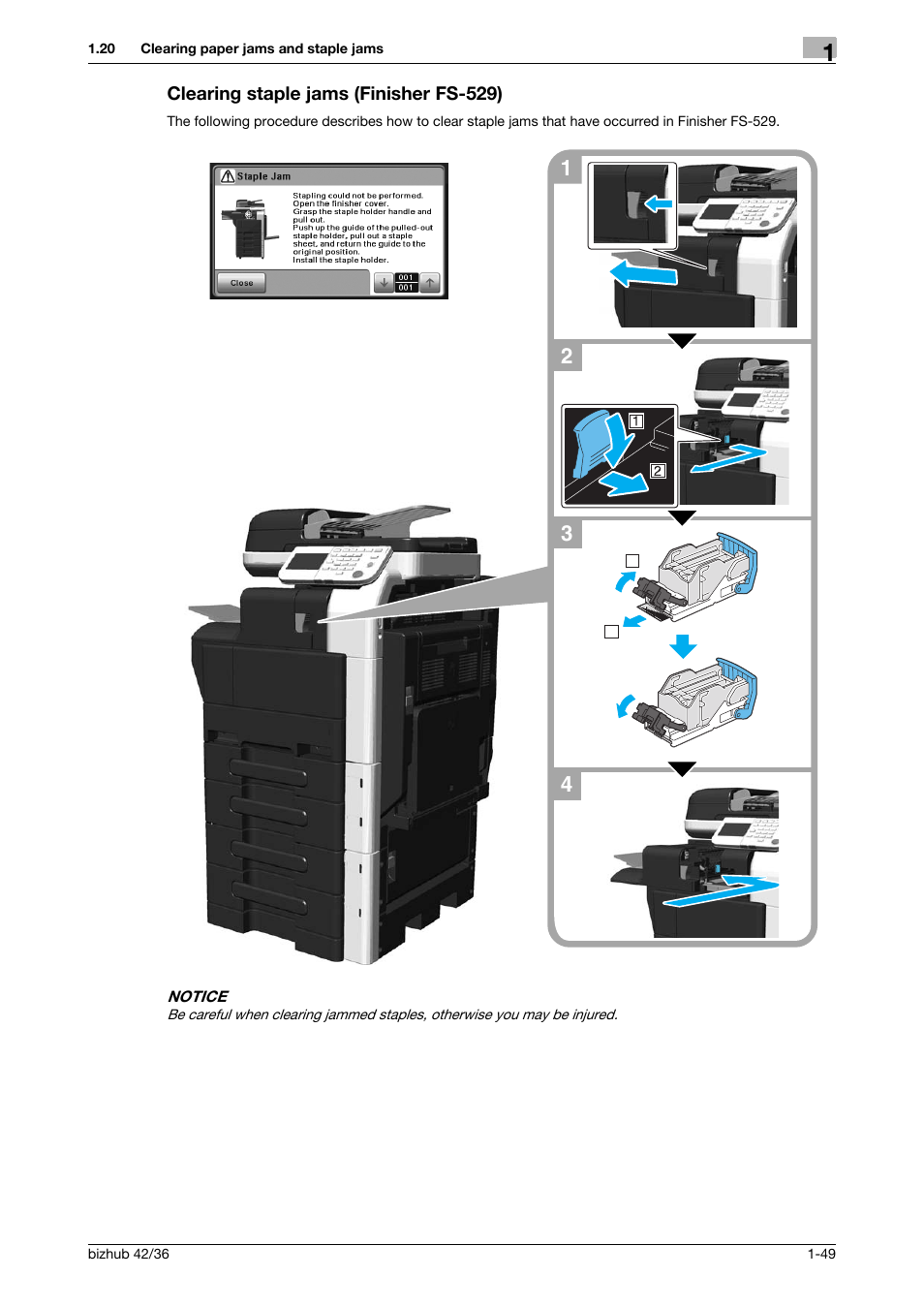 Clearing staple jams (finisher fs-529), Clearing staple jams (finisher fs-529) -49 | Konica Minolta bizhub 36 User Manual | Page 55 / 182