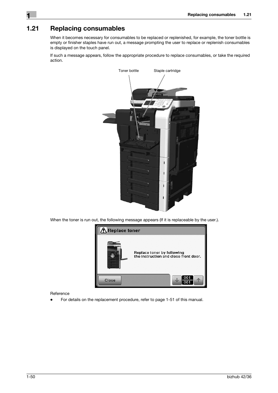 21 replacing consumables, Replacing consumables -50 | Konica Minolta bizhub 36 User Manual | Page 56 / 182